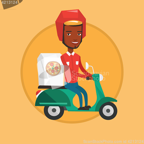 Image of Man delivering pizza on scooter.