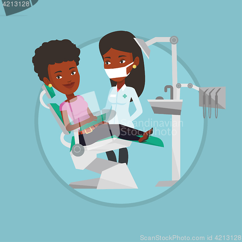Image of Patient and doctor at dentist office.