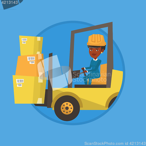 Image of Warehouse worker moving load by forklift truck.