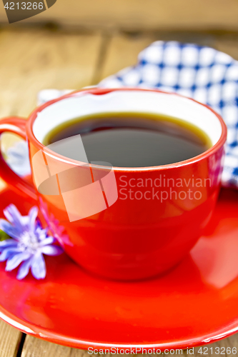 Image of Chicory drink in red cup with blue napkin on board