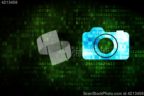 Image of Travel concept: Photo Camera on digital background