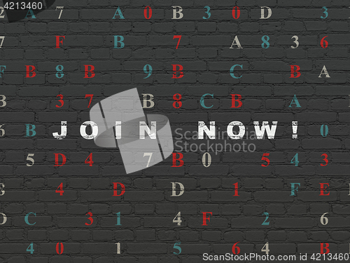 Image of Social media concept: Join now! on wall background