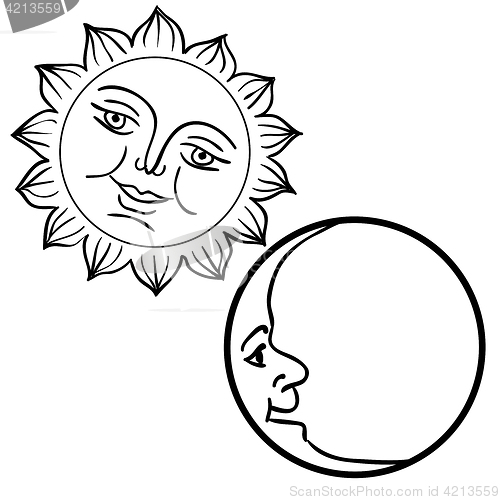 Image of Moon and Sun with faces day and night symbols