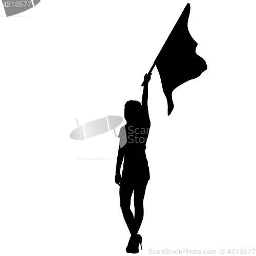 Image of Black silhouettes of woman with flags on white background