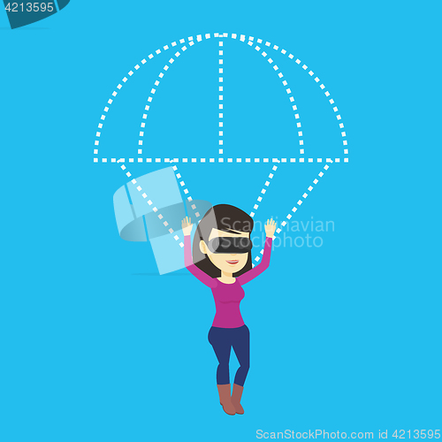 Image of Happy woman in vr headset flying with parachute.
