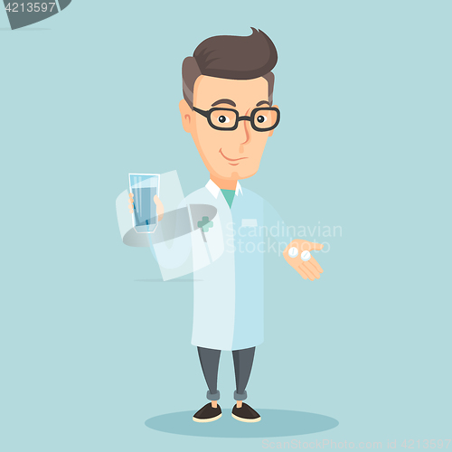 Image of Pharmacist giving pills and glass of water.