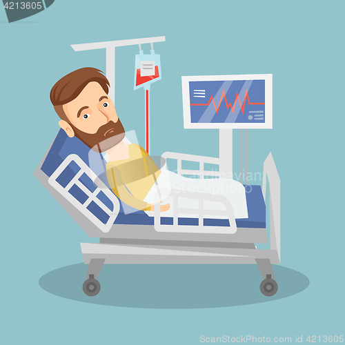 Image of Man lying in hospital bed vector illustration.