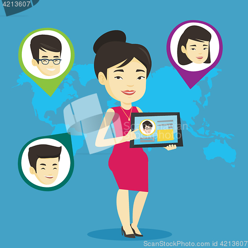 Image of Woman holding tablet with social network.