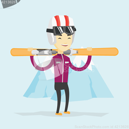 Image of Man holding skis vector illustration.