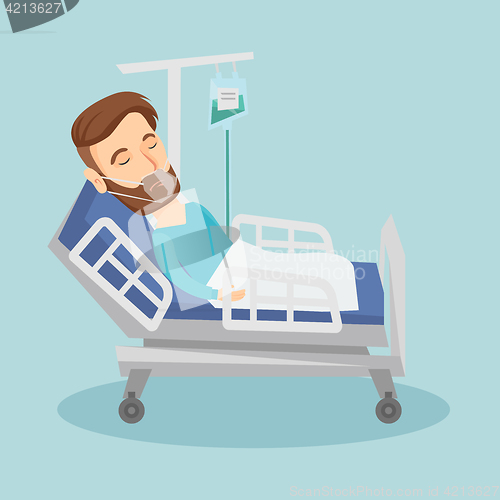 Image of Patient lying in hospital bed with oxygen mask.