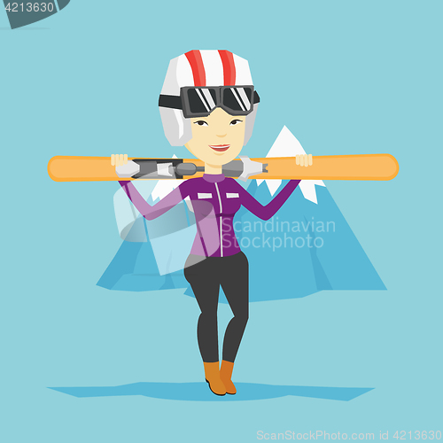 Image of Woman holding skis vector illustration.