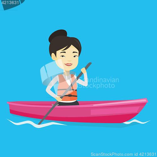Image of Sportswoman riding in kayak vector illustration.