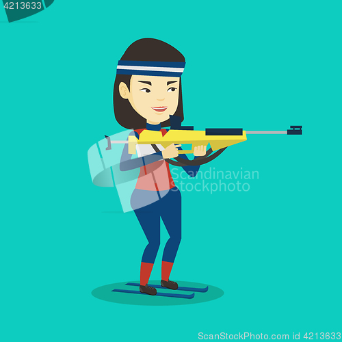 Image of Cheerful biathlon runner aiming at the target.