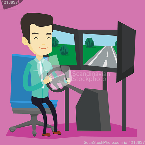 Image of Man playing video game with gaming wheel.