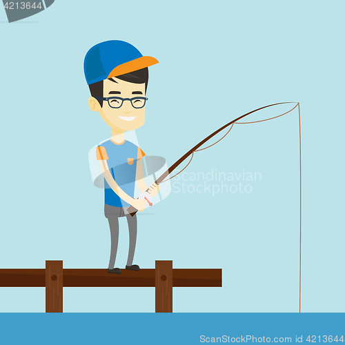 Image of Man fishing on jetty vector illustration.