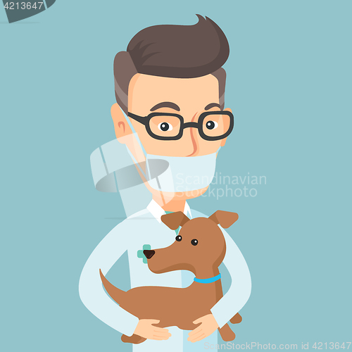 Image of Veterinarian with dog in hands vector illustration