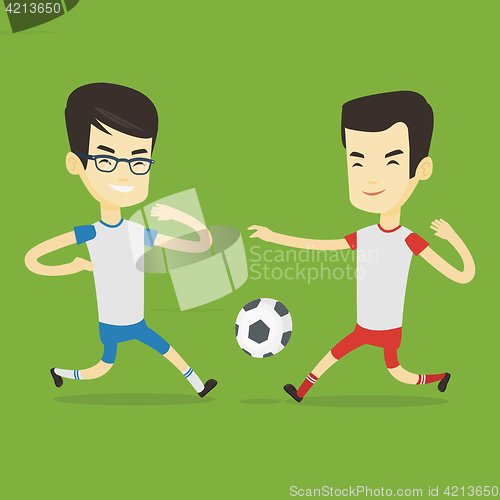 Image of Two male soccer players fighting for ball.