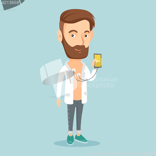 Image of Man measuring heart rate pulse with smartphone.