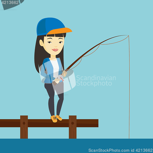 Image of Man fishing on jetty vector illustration.