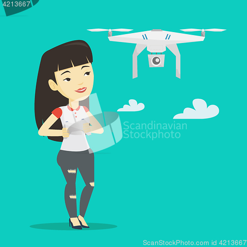 Image of Woman flying drone vector illustration.