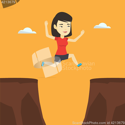 Image of Sportswoman jumping over cliff vector illustration