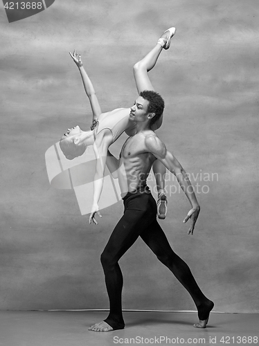 Image of Couple of ballet dancers posing over gray background