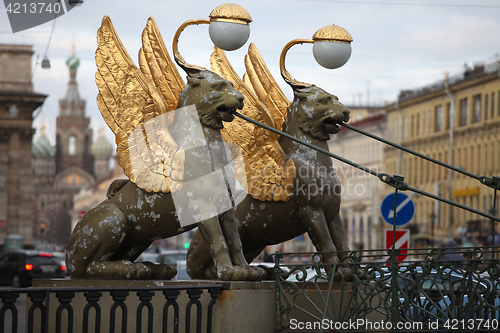 Image of  Griffins winged  lions bank bridge in St. Petersburg  