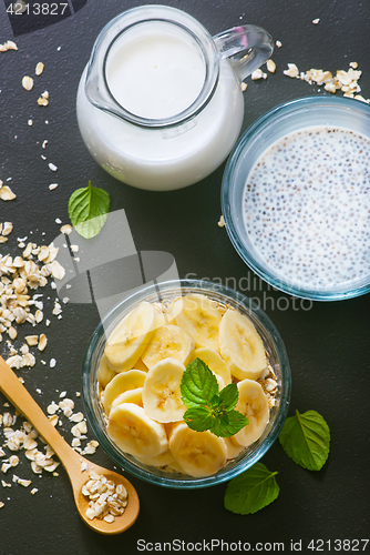 Image of milk with chia seeds and banana