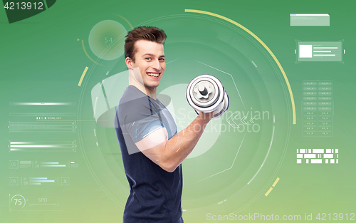 Image of happy sportive young man with dumbbell