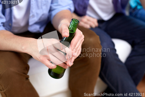 Image of men with beer bottles sitting on sofa at home