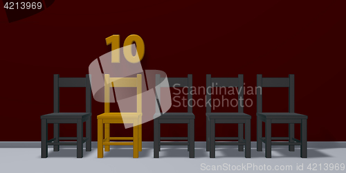 Image of number ten and row of chairs - 3d rendering