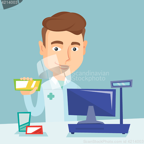 Image of Pharmacist showing some medicine.