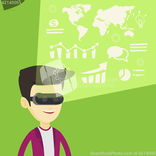 Image of Businessman in vr headset analyzing virtual data