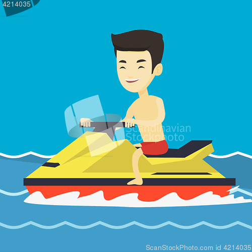 Image of Asian man training on jet ski in the sea.