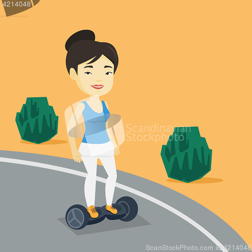 Image of Woman riding on self-balancing electric scooter.