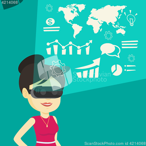 Image of Businesswoman in vr headset analyzing virtual data