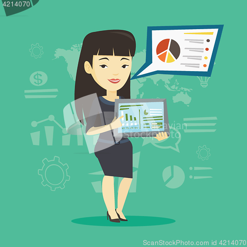 Image of Businesswoman presenting report on tablet computer