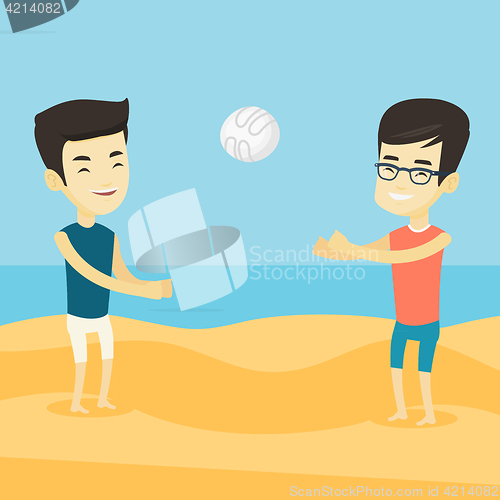 Image of Two men playing beach volleyball.