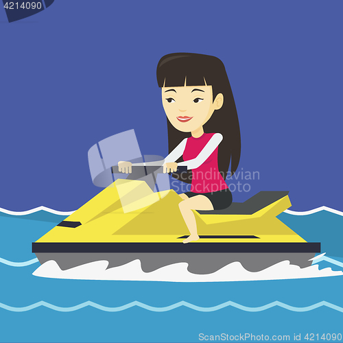 Image of Asian woman training on jet ski in the sea.