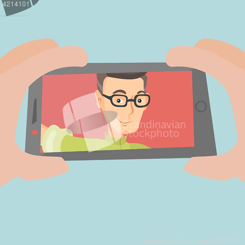 Image of Caucasian man making selfie vector illustration.