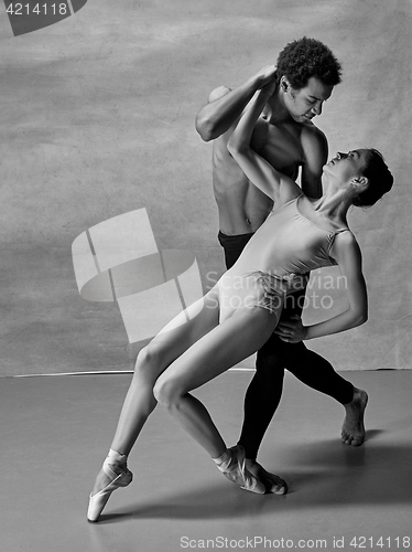 Image of Couple of ballet dancers posing over gray background