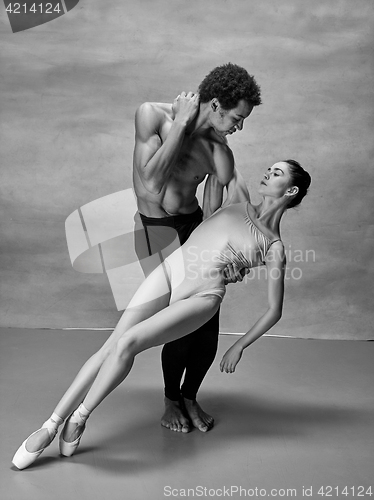 Image of Couple of ballet dancers posing over gray background