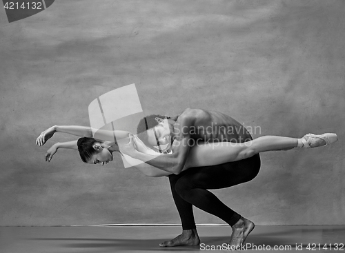 Image of Couple of ballet dancers posing over gray background