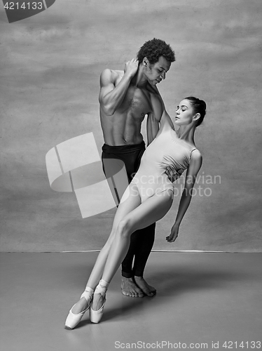 Image of Couple of ballet dancers posing over gray background