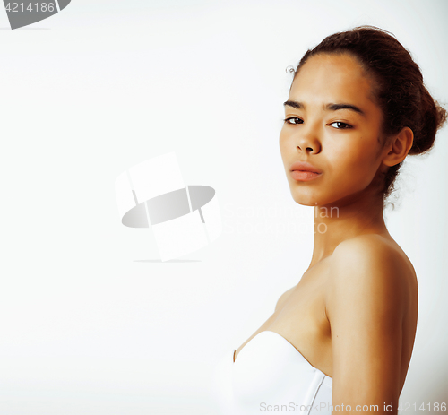 Image of young pretty african american woman close up isolated on white background, asian mulatto tanned nude makeup, lifestyle spa real beauty people concept close up