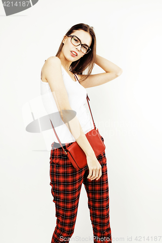 Image of young pretty teenage hipster girl posing emotional happy smiling on white background, lifestyle people concept 