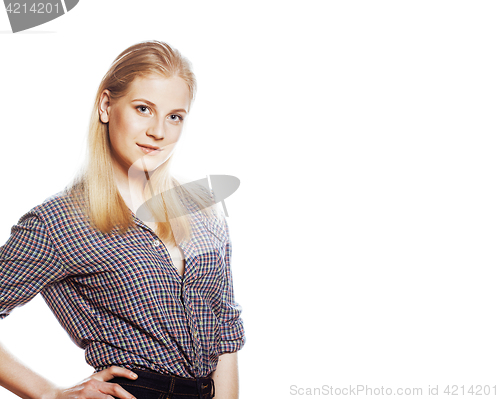 Image of young pretty teenage hipster girl posing emotional happy smiling on white background, lifestyle people concept 