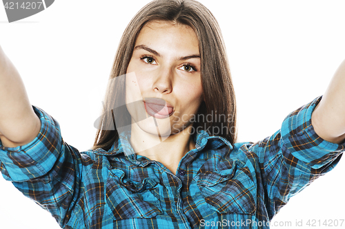 Image of cute teenage girls making selfie isolated