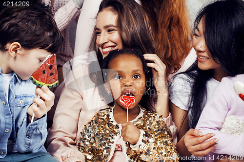 Image of Lifestyle and people concept: young pretty diversity nations woman with different age children celebrating on birth day party together happy smiling, making selfie. African-american, asian and caucasi