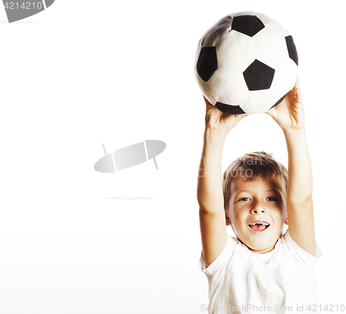 Image of little cute boy playing football ball isolated on white close up